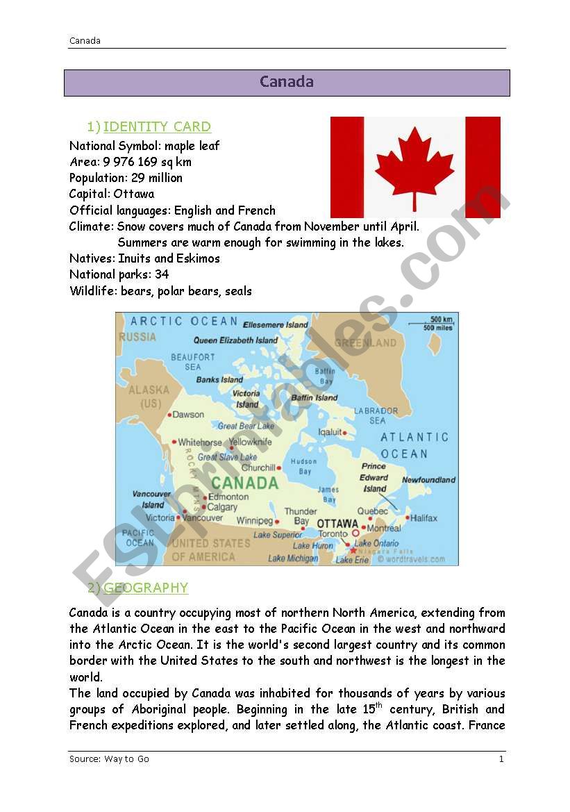 Canada worksheet