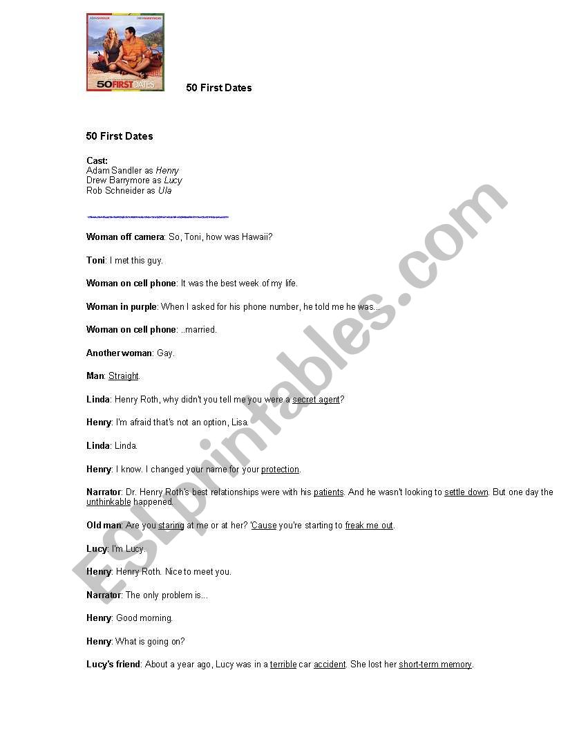 50 First Dates Esl Worksheet By Bernicegalaz