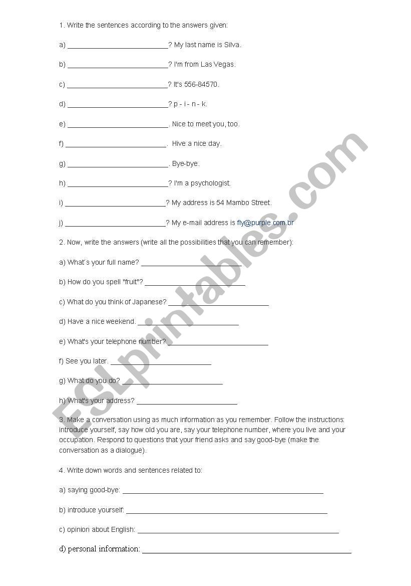 exchange personal information worksheet