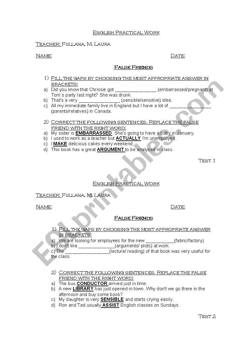 FALSE FRIENDS worksheet