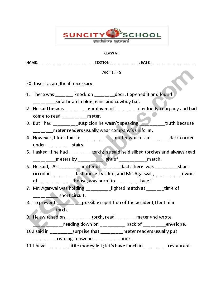 articles worksheet