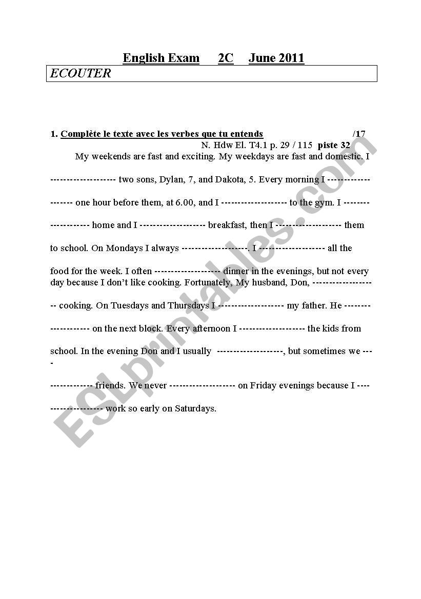 exam elementary level worksheet