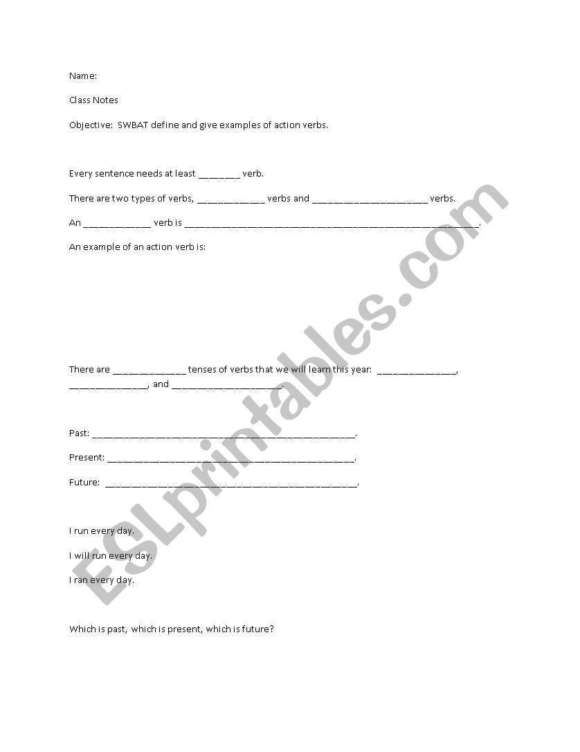 Verb Guided Notes worksheet