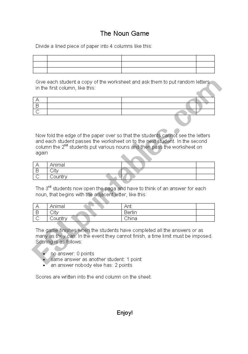 The noun game worksheet