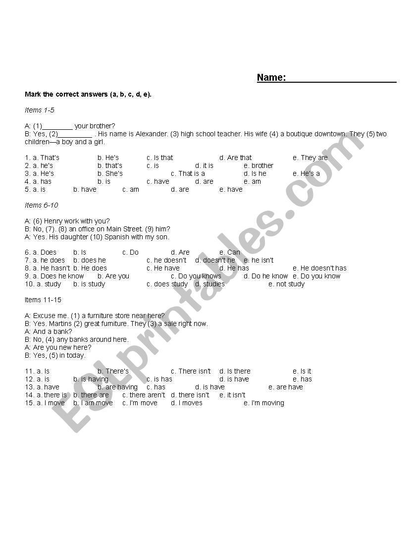 Placement test worksheet