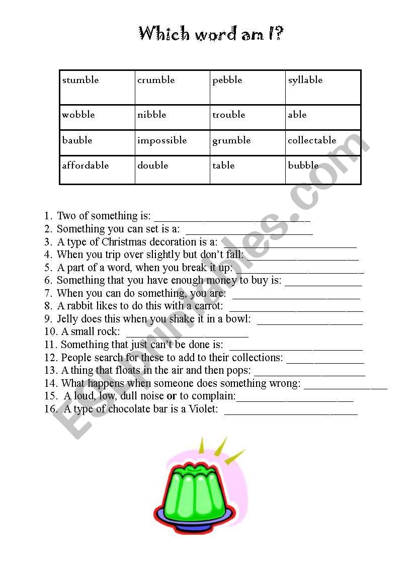 English Worksheets Which Word Am I ble Words 