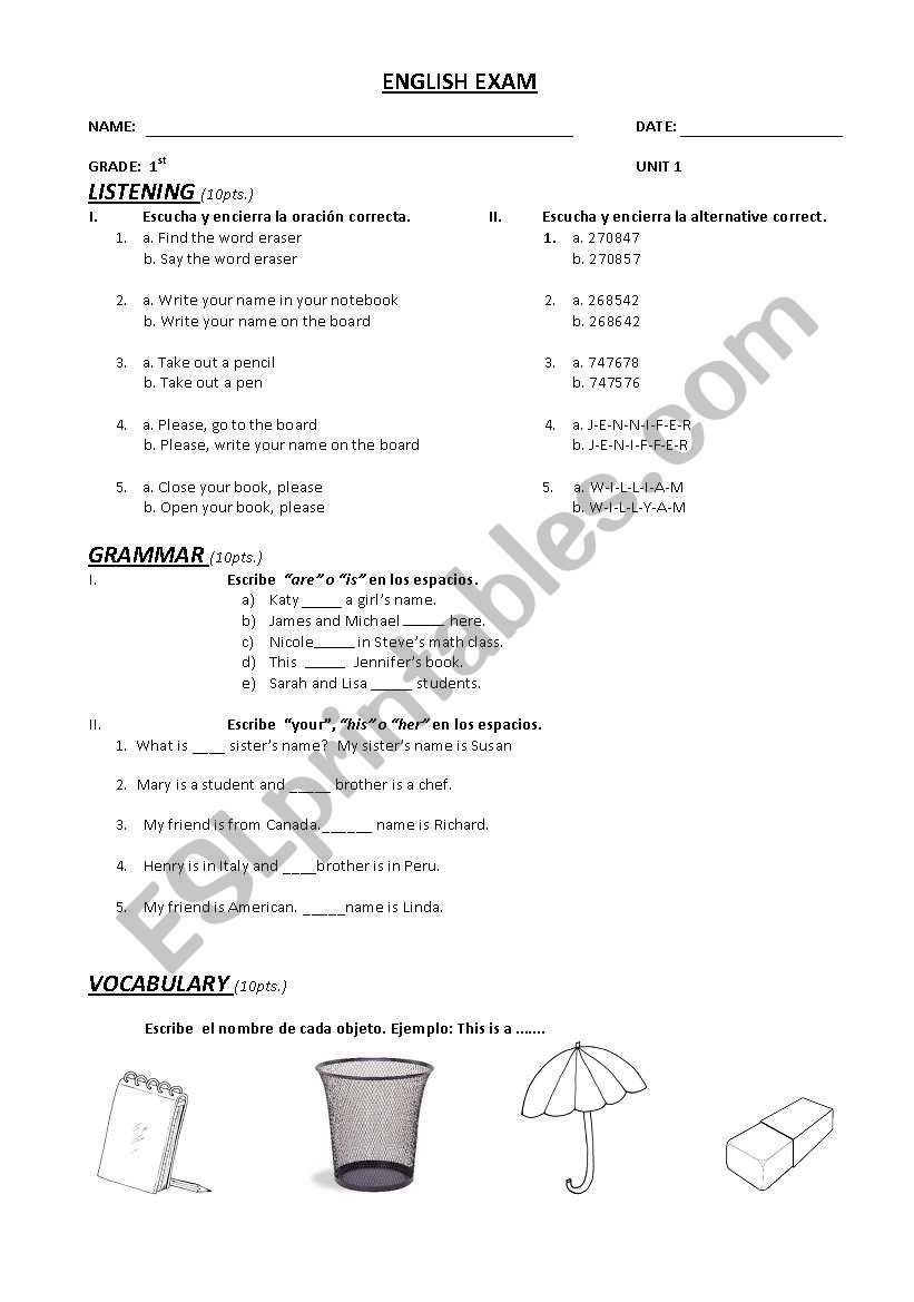 classroom objects exam worksheet