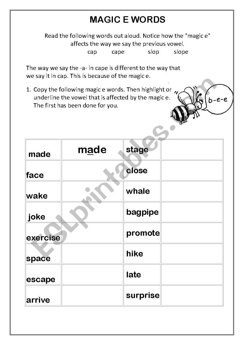 Magic E Words worksheet