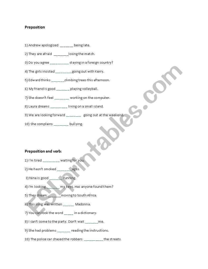 Preposition practice worksheet