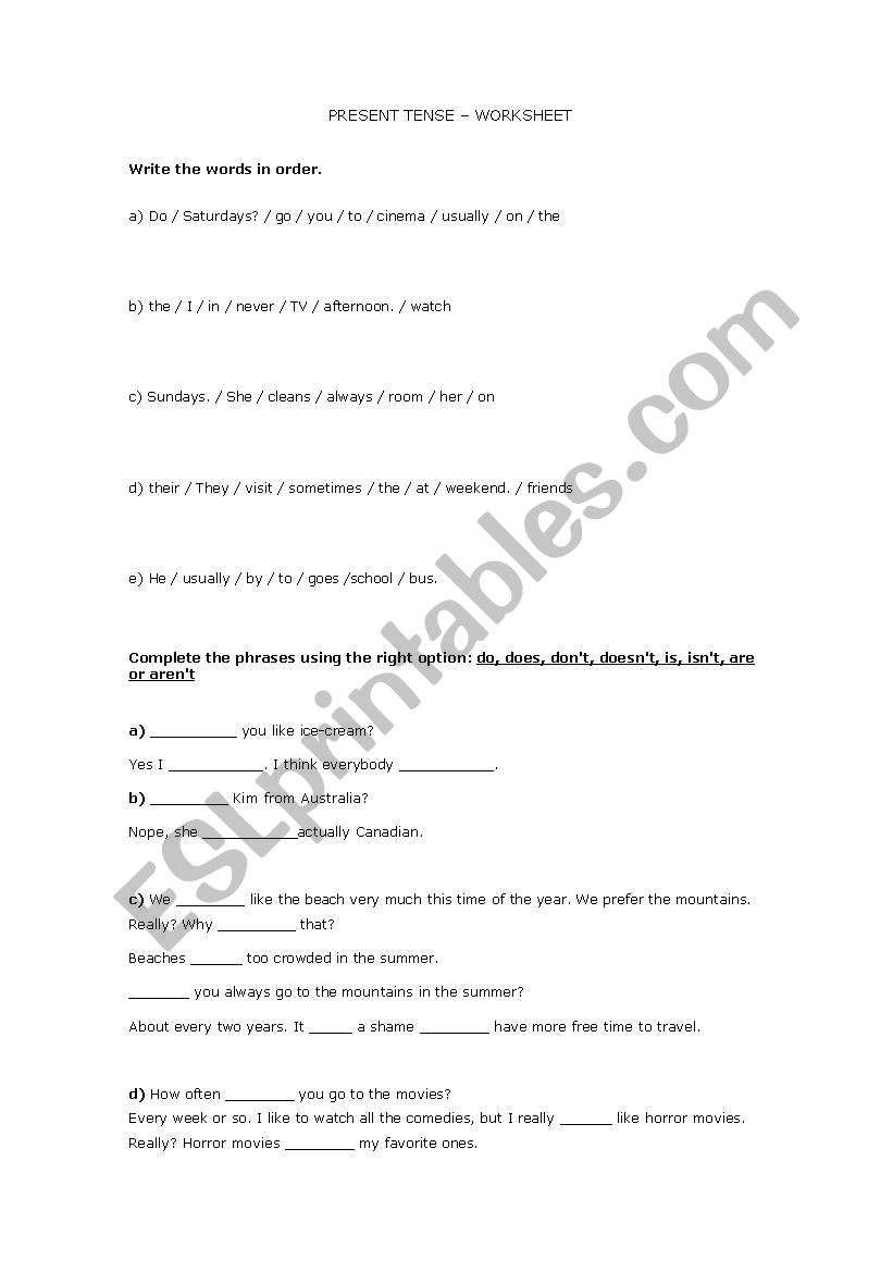 Present Tense _ Worksheet worksheet