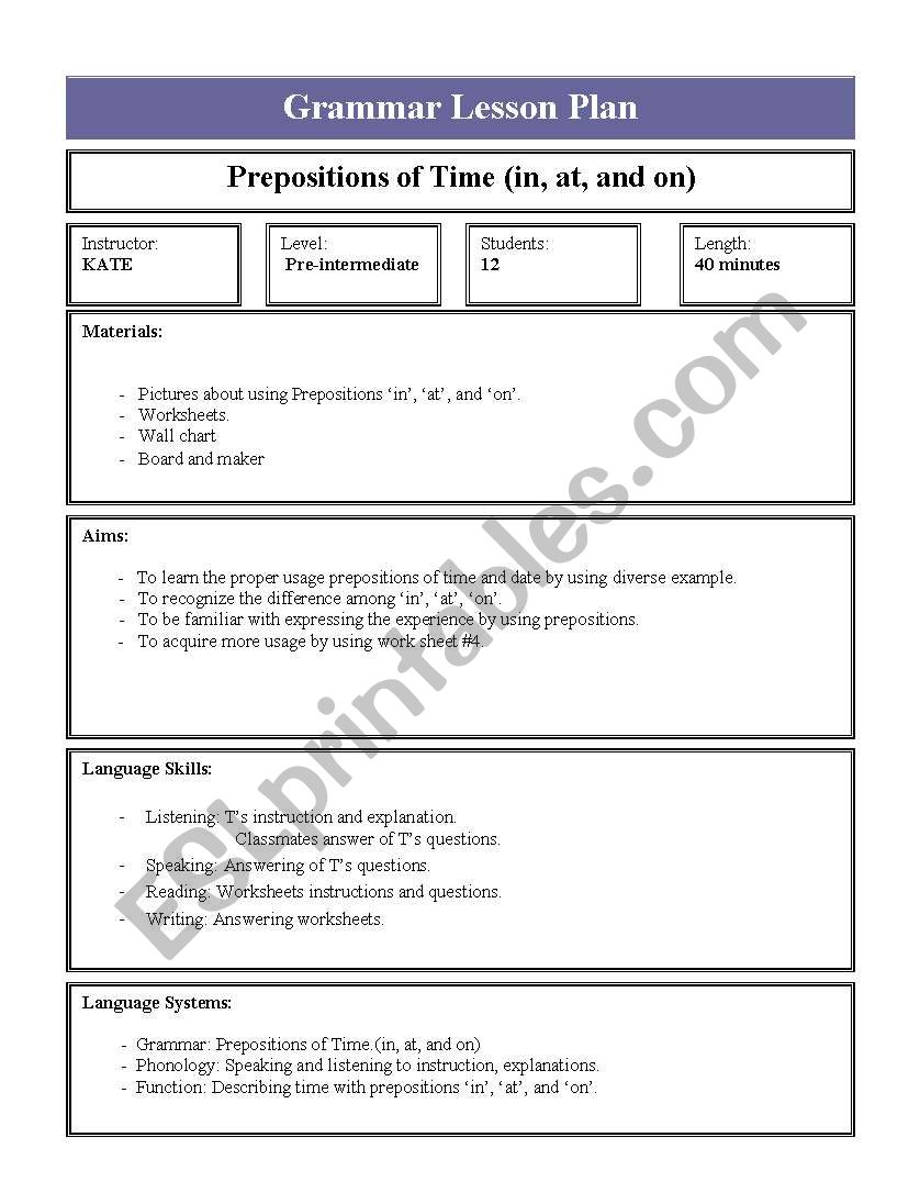 preposition of time  worksheet