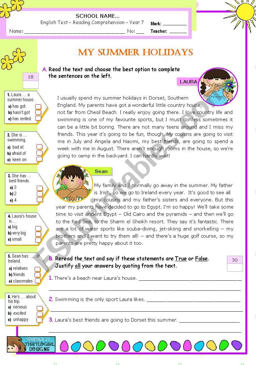 My Summer Holidays - Reading Comprehension - ESL worksheet by mena22