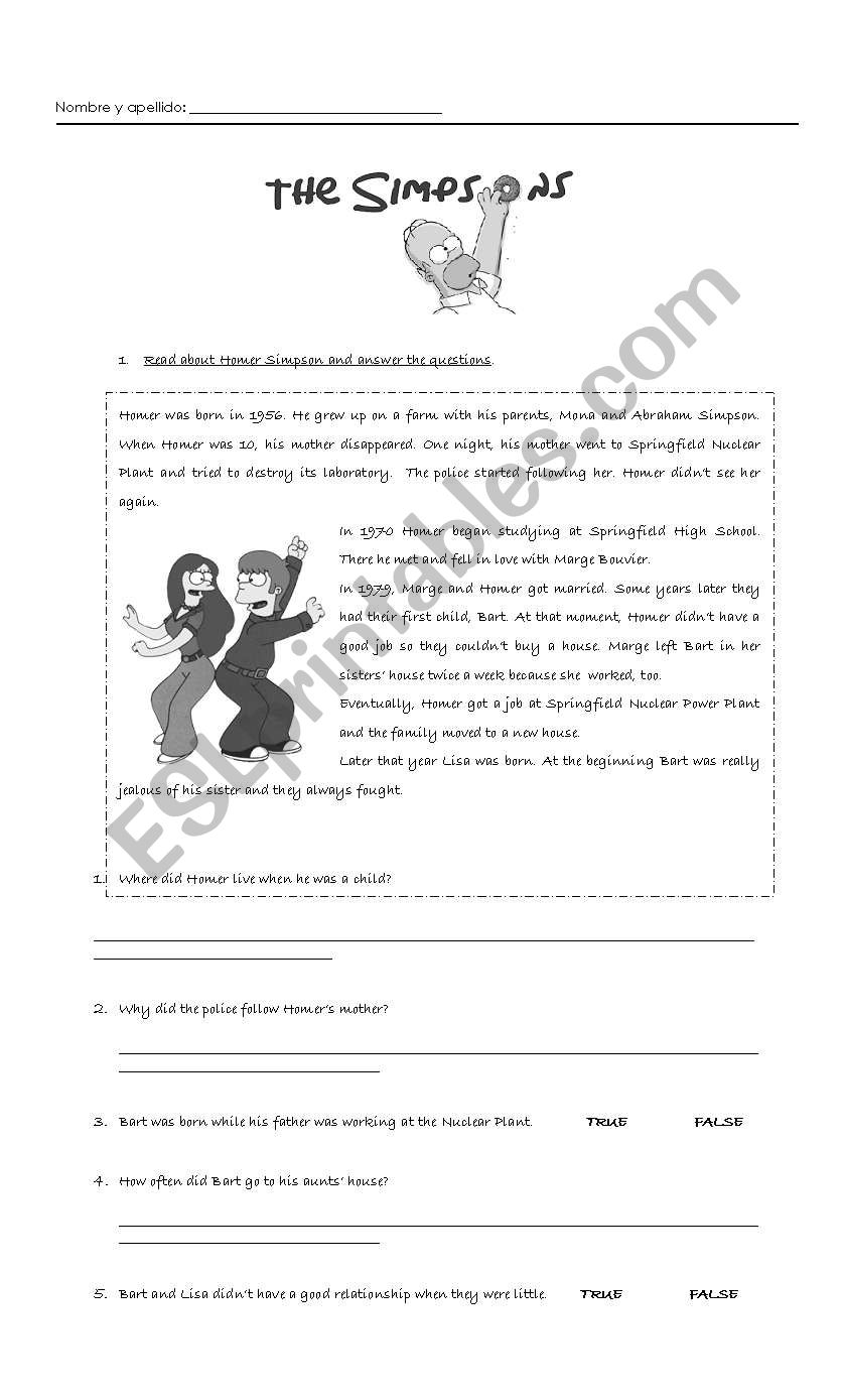 The simpsons worksheet