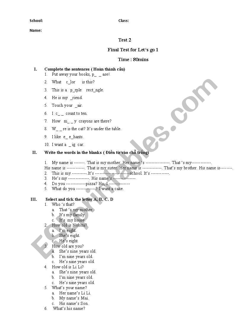 Final test for Lets Go 1 worksheet