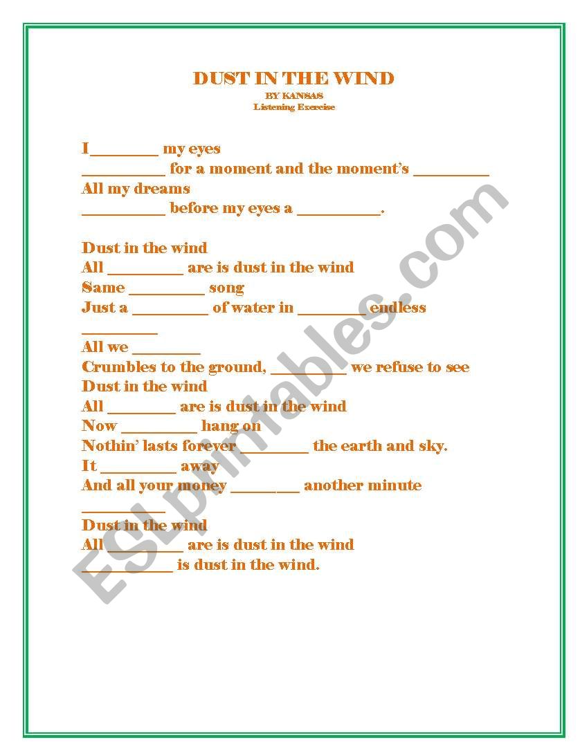 Dust in the wind lirycs worksheet