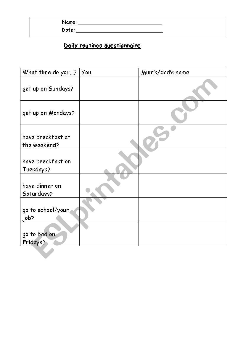 Daily routine questionnaire worksheet