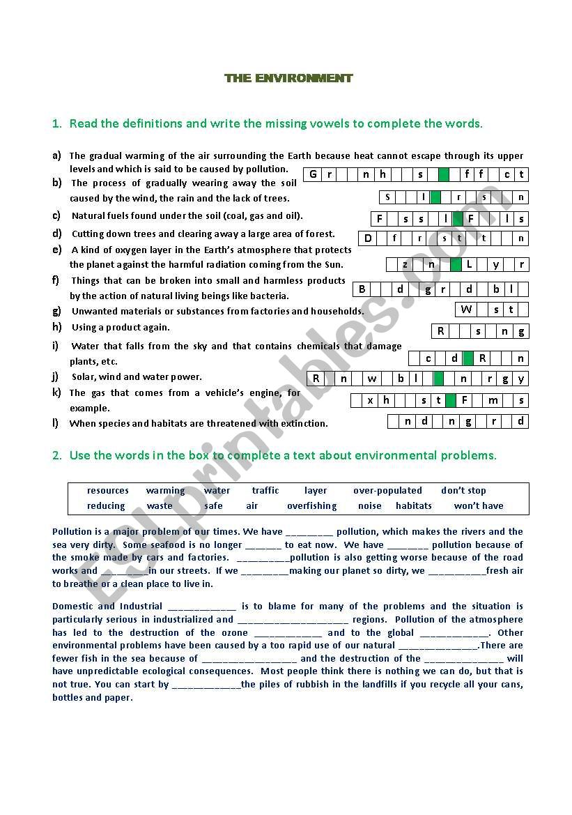 Environmental problems worksheet