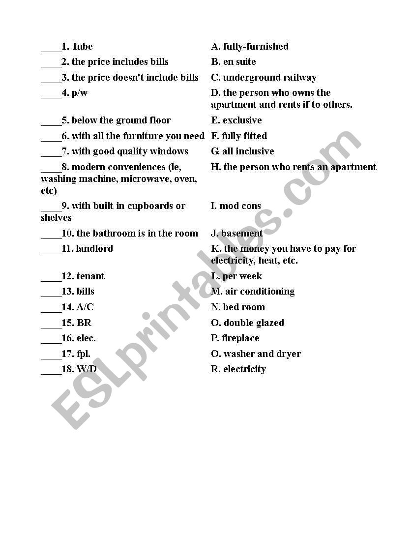 English worksheets: Renting an Apartment: Vocabulary