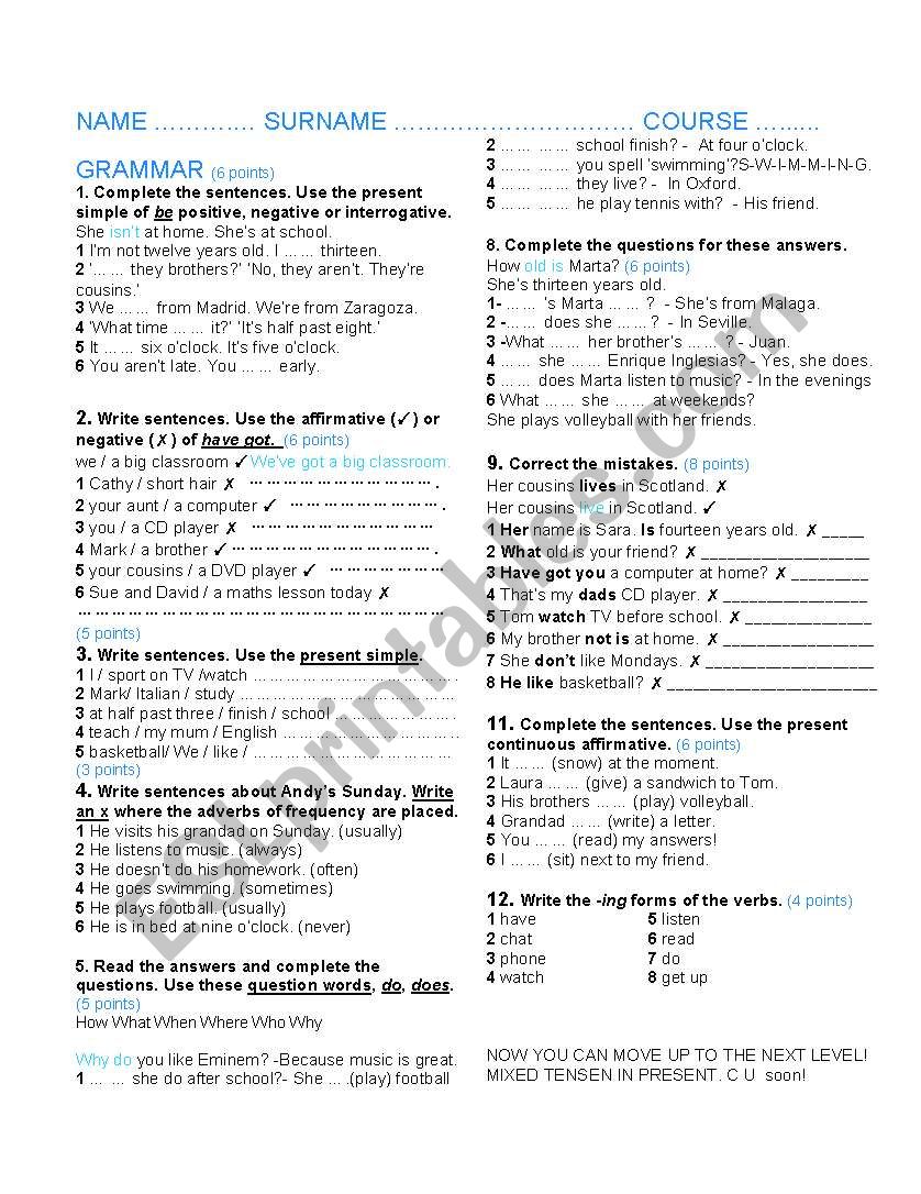 PRESENT TENSES 1 LEVEL ESO worksheet