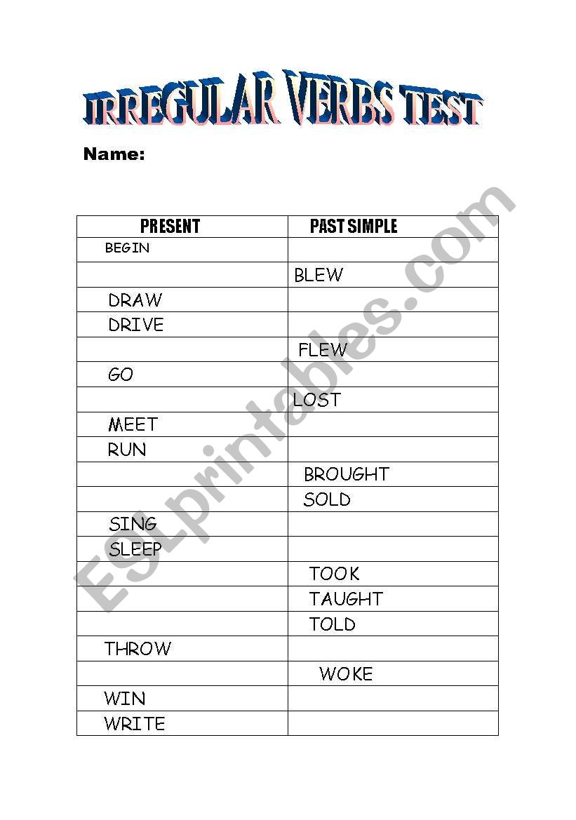 Irregular verbs test worksheet