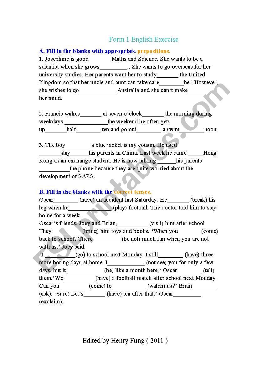 Preposition&Tenses worksheet
