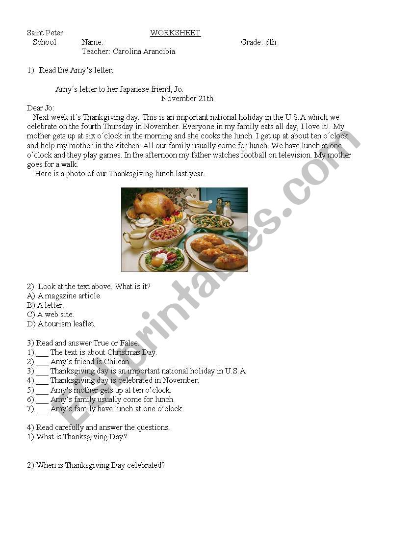 Thanksgiving day worksheet