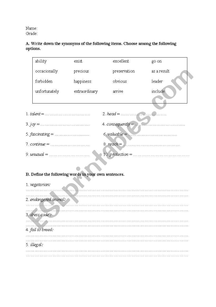 Vocabulary  worksheet