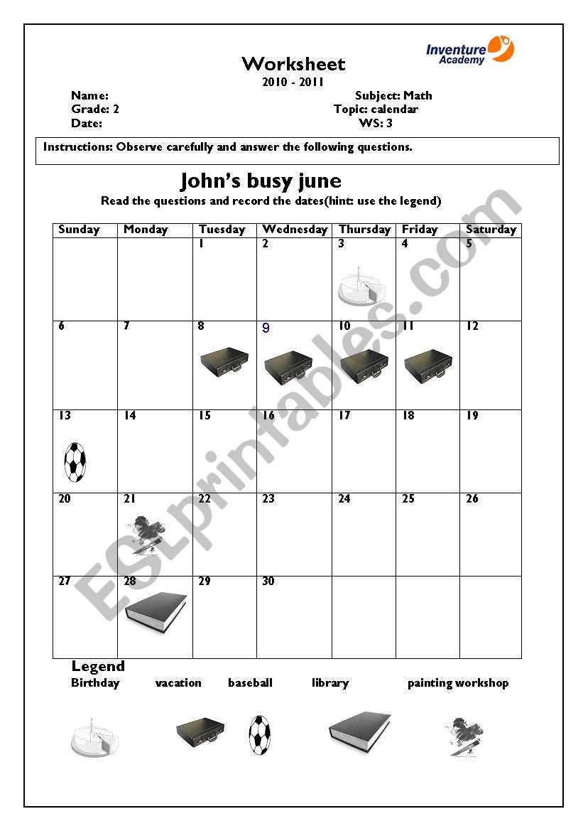 English worksheets calendar