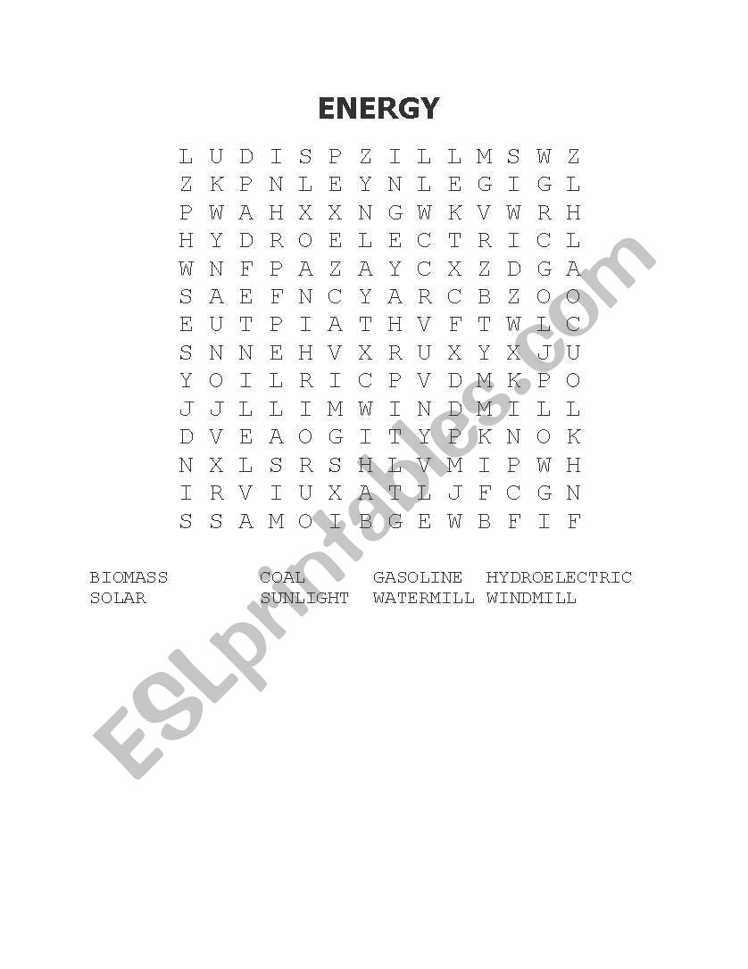 ENERGY Word Search ESL Worksheet By Mariusz85