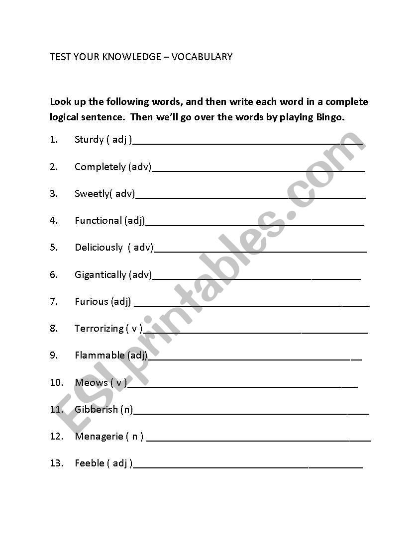 Vocabulary  Knowledge worksheet