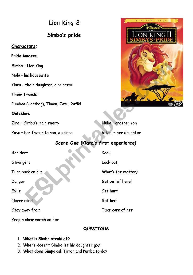 Lion King 2 Esl Worksheet By Krutishkaa