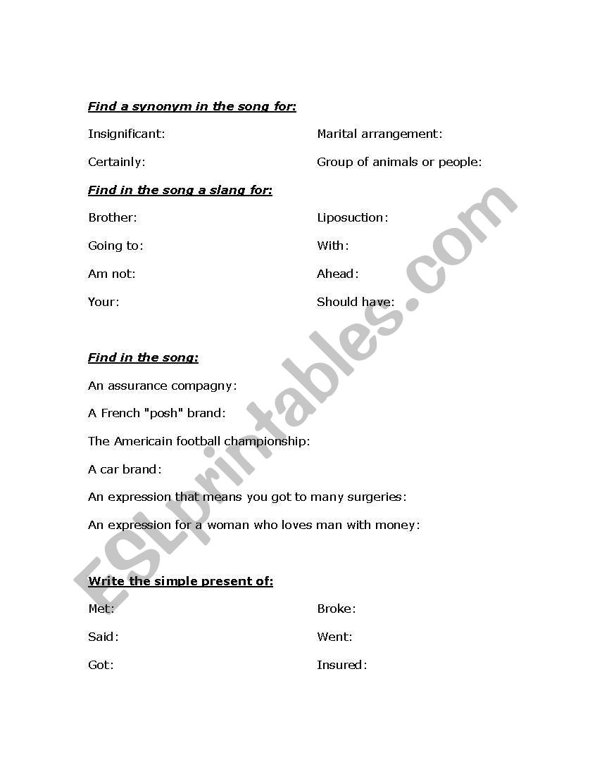 English worksheets: Glee Gold Digger Song