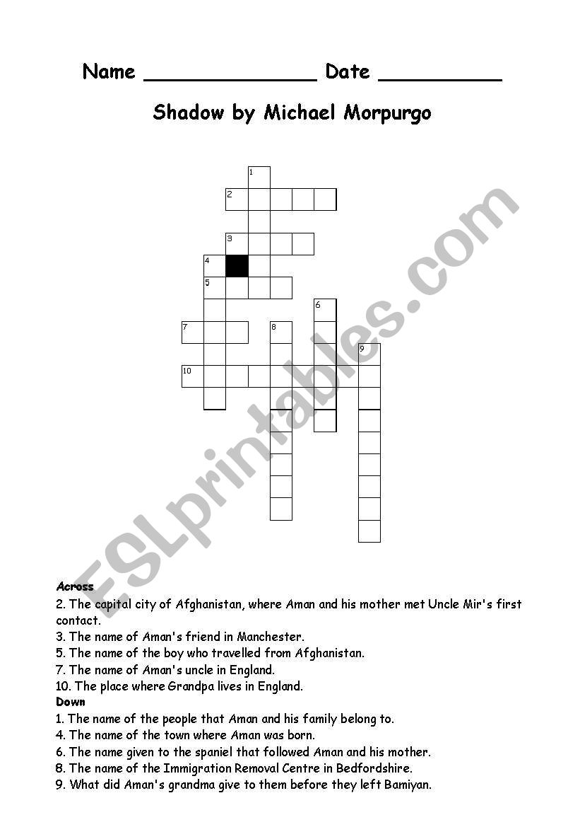 English worksheets: Crossword starter of Shadow by Michael Morpurgo