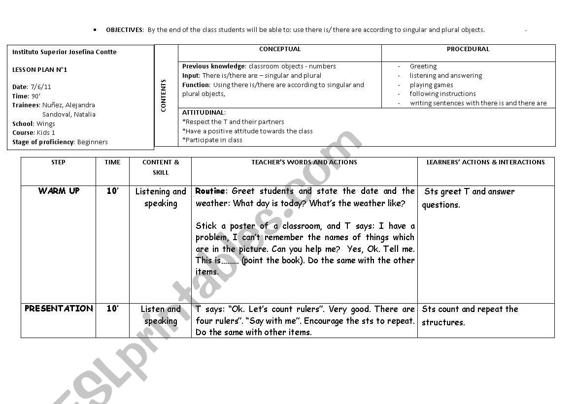 LESSON PLAN THERE IS AND THERE ARE SINGULAR AND PLURALS ESL 