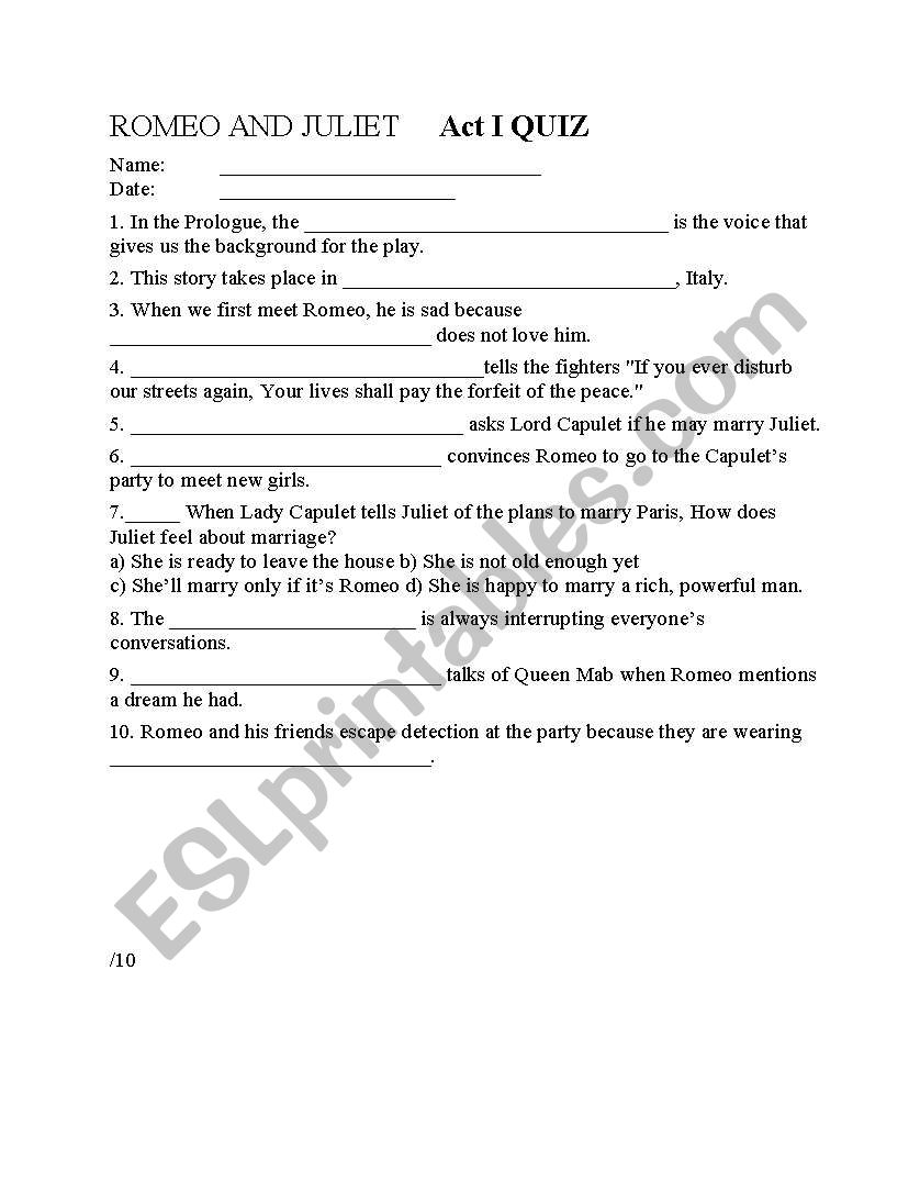 Romeo and Juliet Quiz Act 1  worksheet