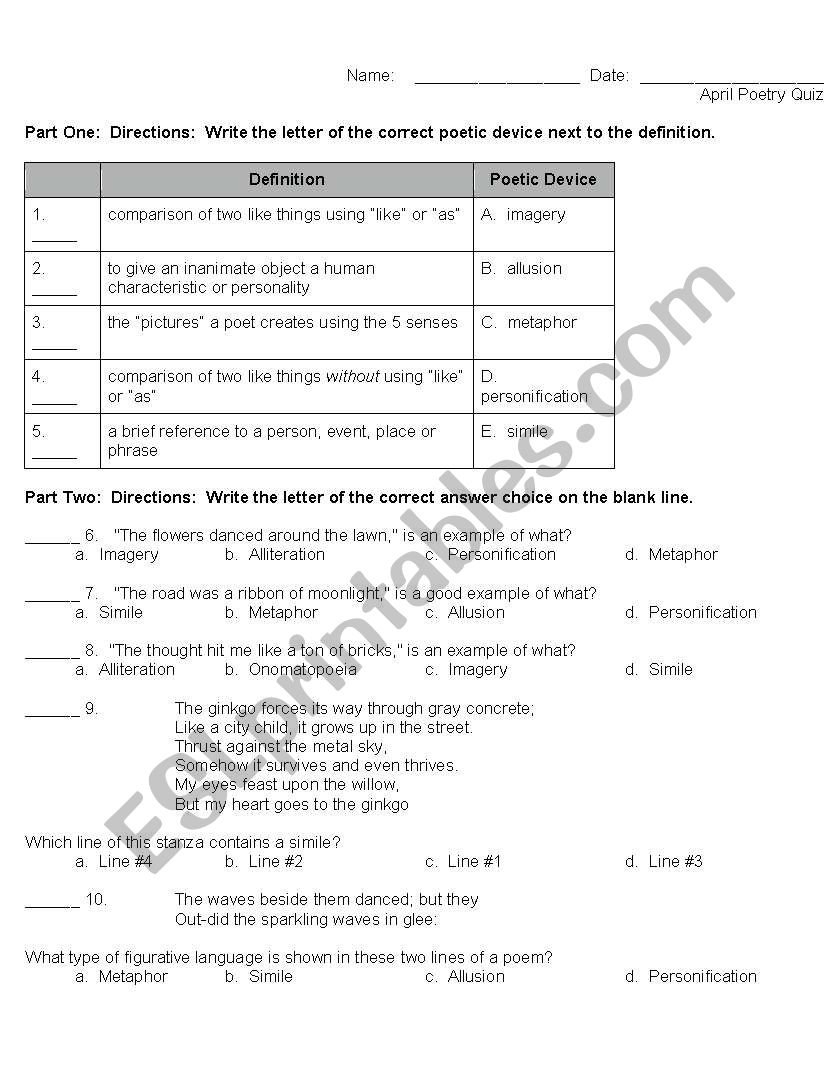 Poetry Quiz worksheet