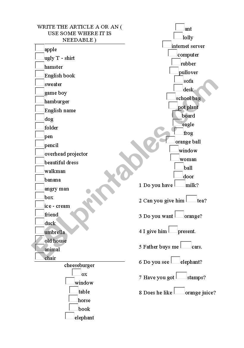 articles worksheet