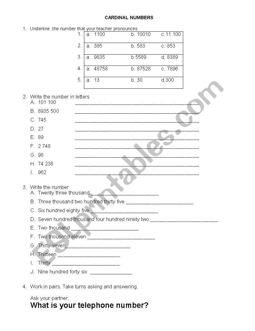 CARDINAL NUMBERS PRACTICE worksheet