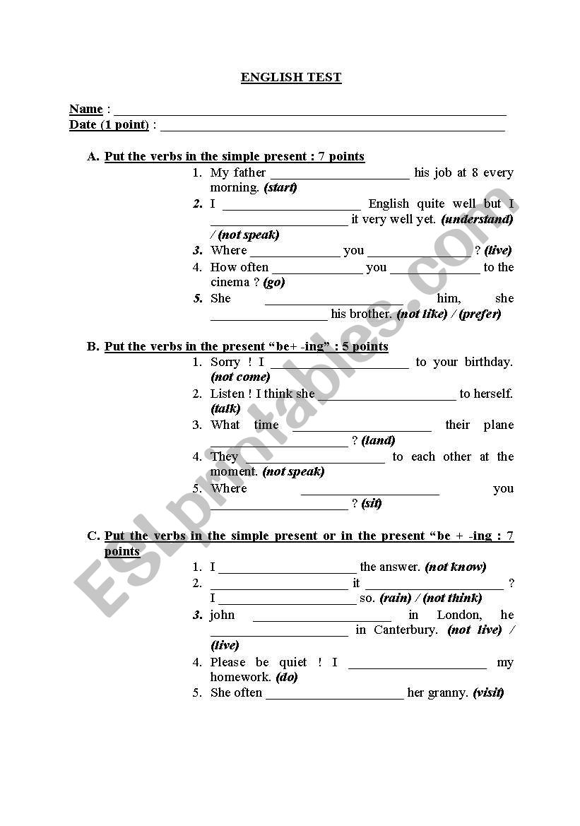 Test on present tenses worksheet