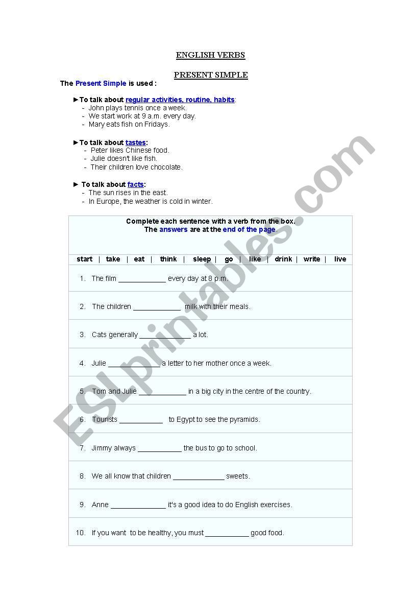 english verbs: present simple worksheet