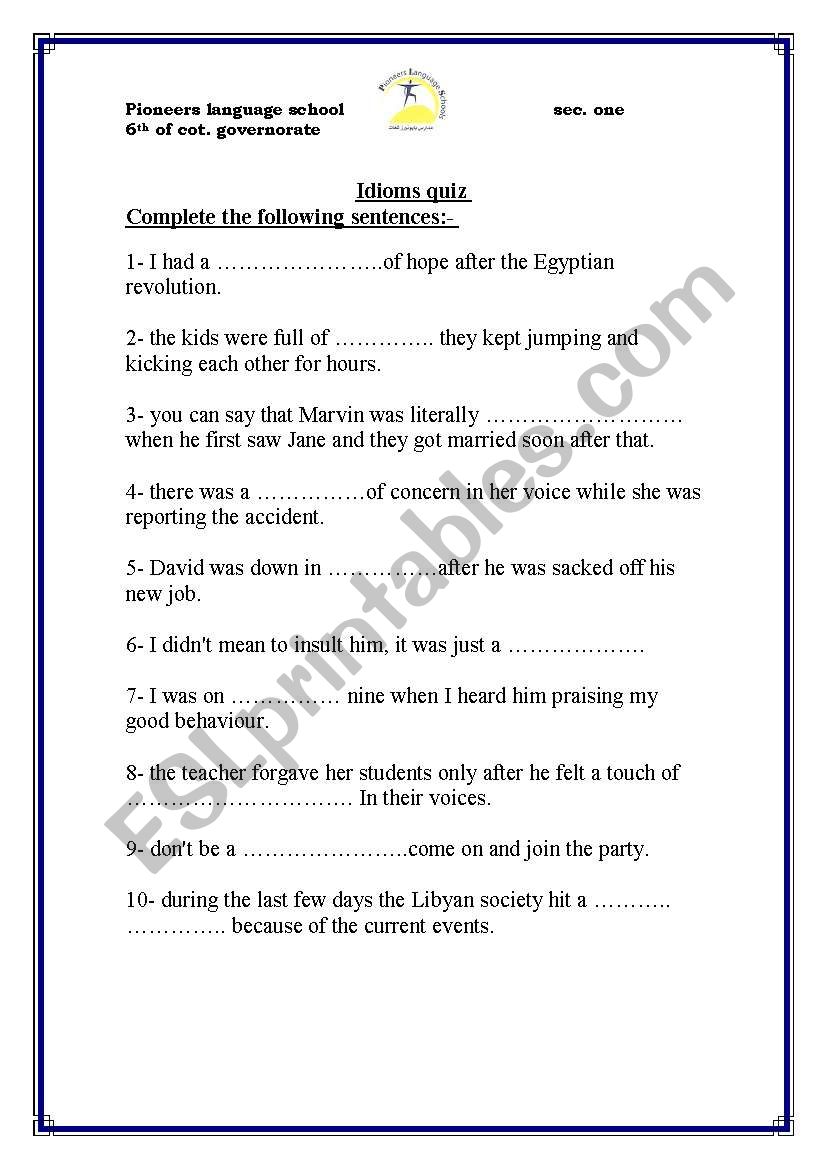 idioms quiz worksheet