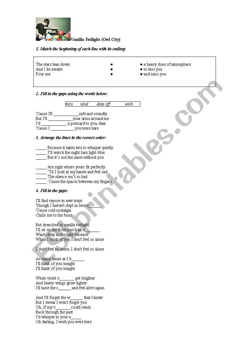 Song:  Vanilla Twilight  worksheet