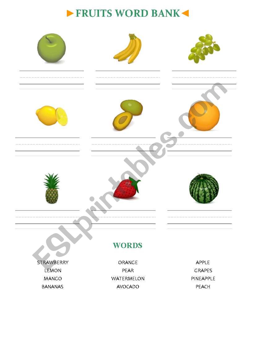 English worksheets: Fruits Word Bank