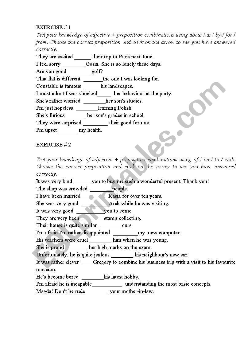 adjectives+prepositions worksheet