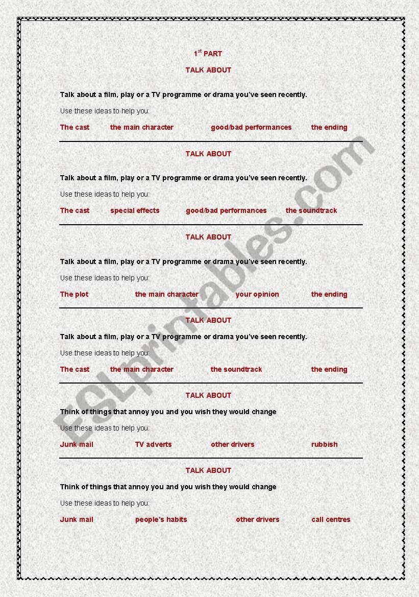 Oral test Upper- intermediate. 1st SET of cards: Individual.