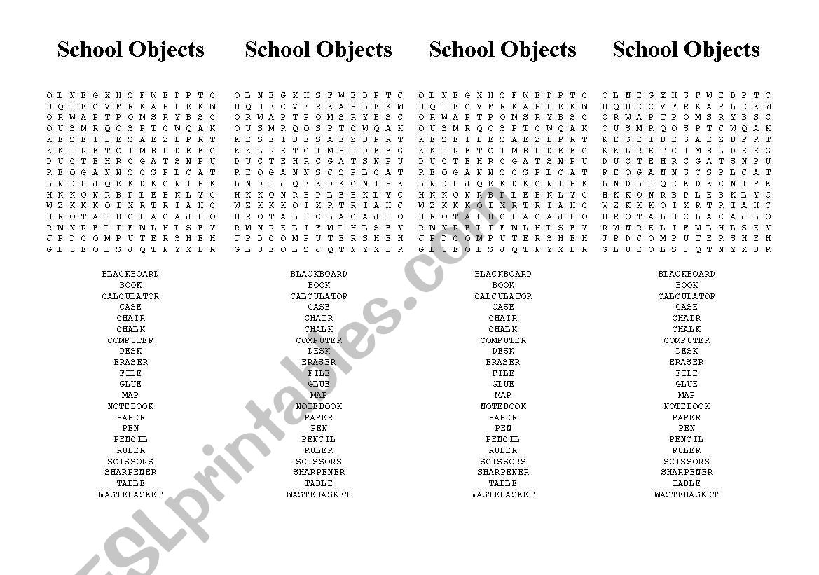 School Objects Wordsearch worksheet