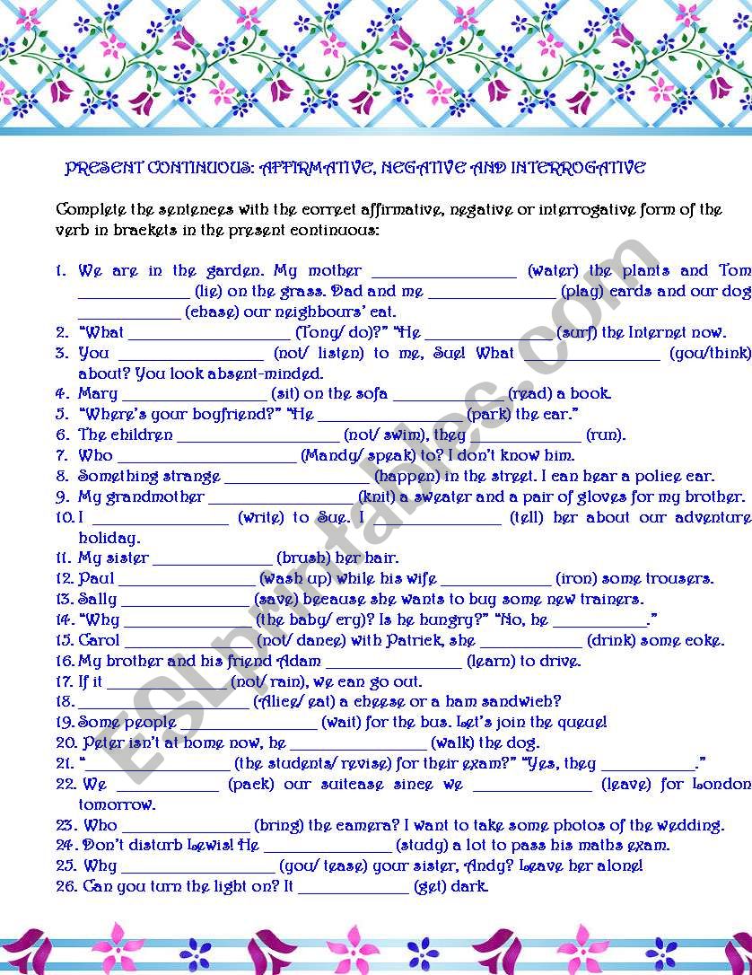 Present Continuous Affirmative Negative And Interrogative ESL 