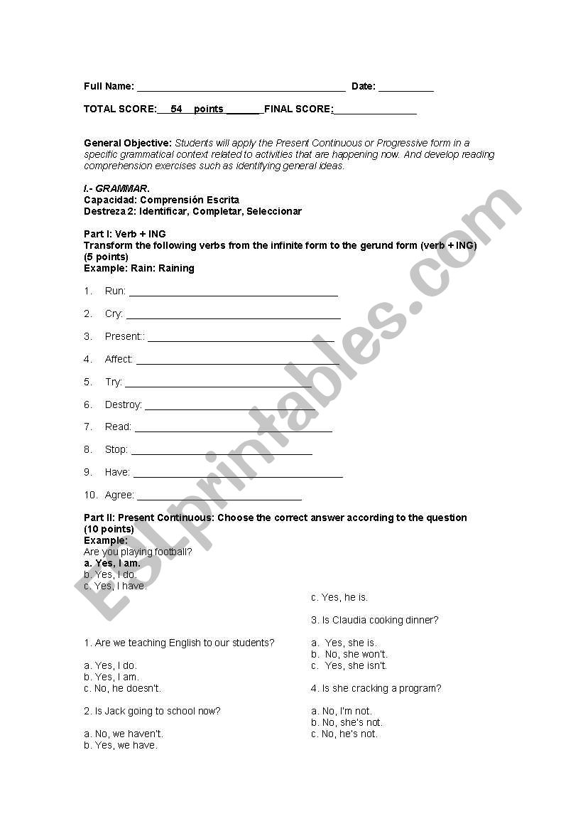 test present continuous worksheet