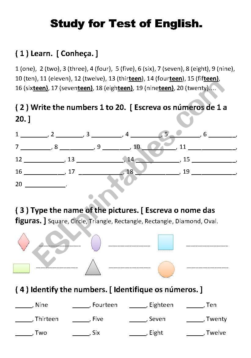 Study for Test of English worksheet