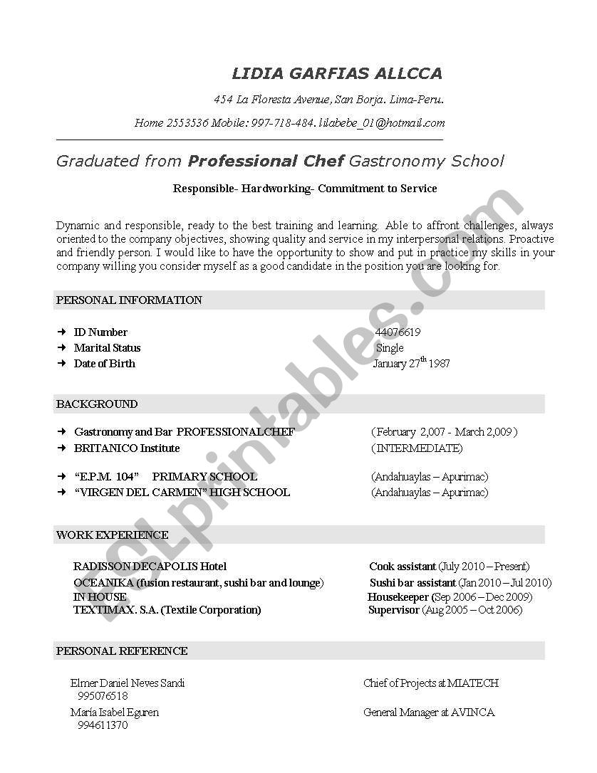 example of a Resume or CV worksheet
